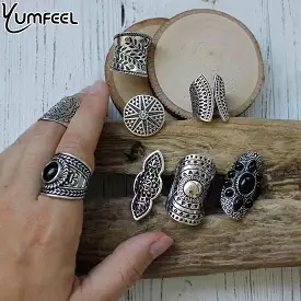 Yumfeel New Bohemia Vintage Boho Jewelry Rings Mixed Lot Tibetan Silver Plated Ring 8pcs/Lot Bohemian Ring Women Vintage Jewelry