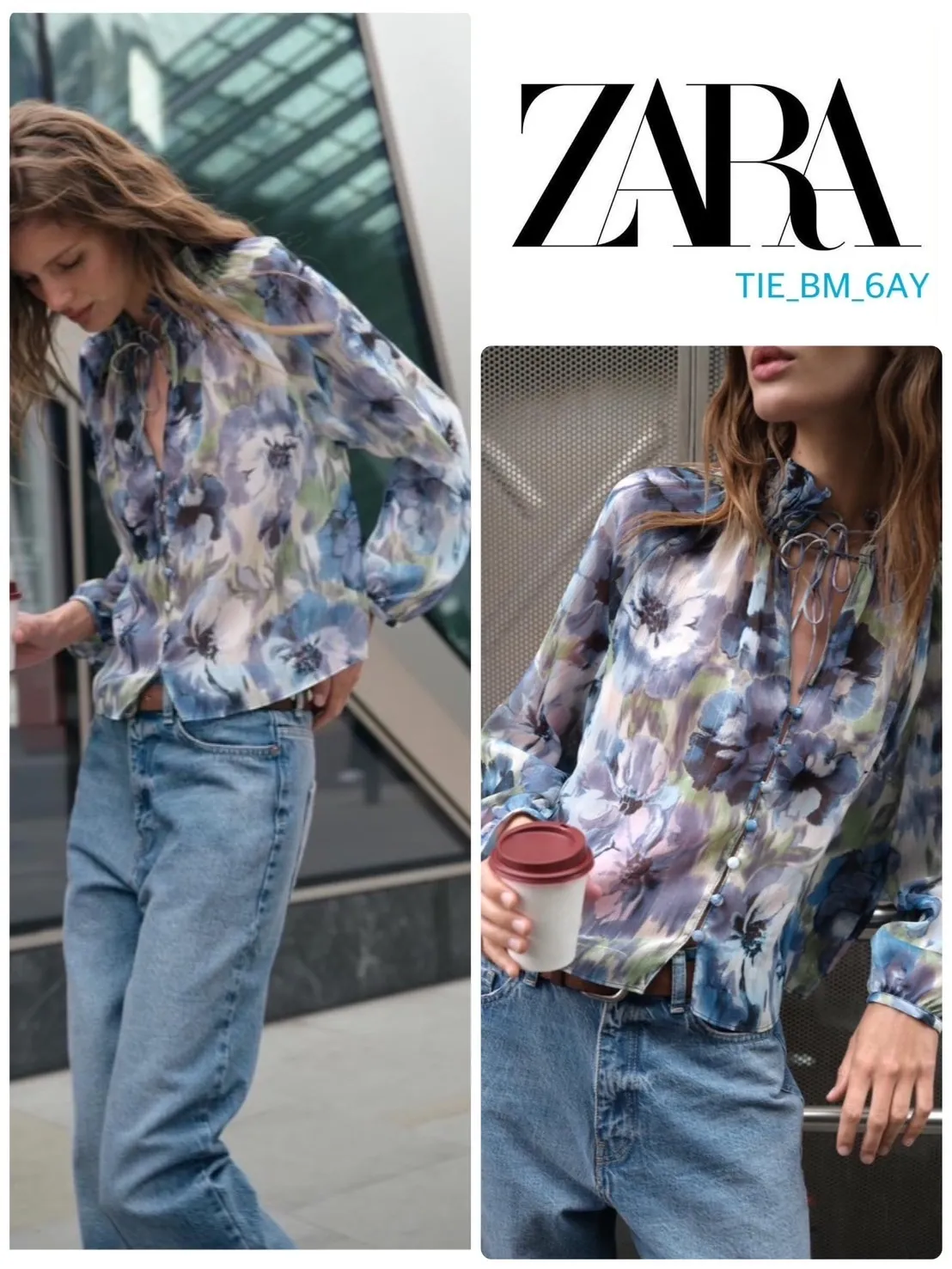 ZARA  |Flower Patterns Casual Style Long Sleeves Shirts & Blouses